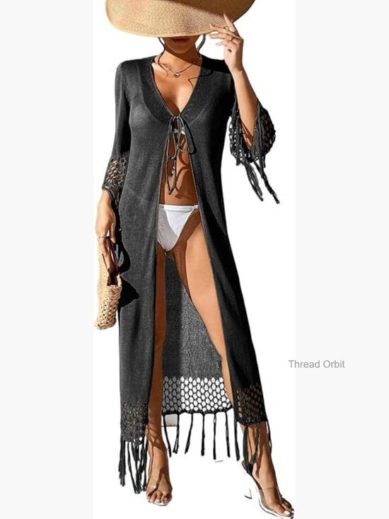 Other - Crochet Knit Swimsuit Coverup Tie Front Tassel Kimono Beach Cardigan